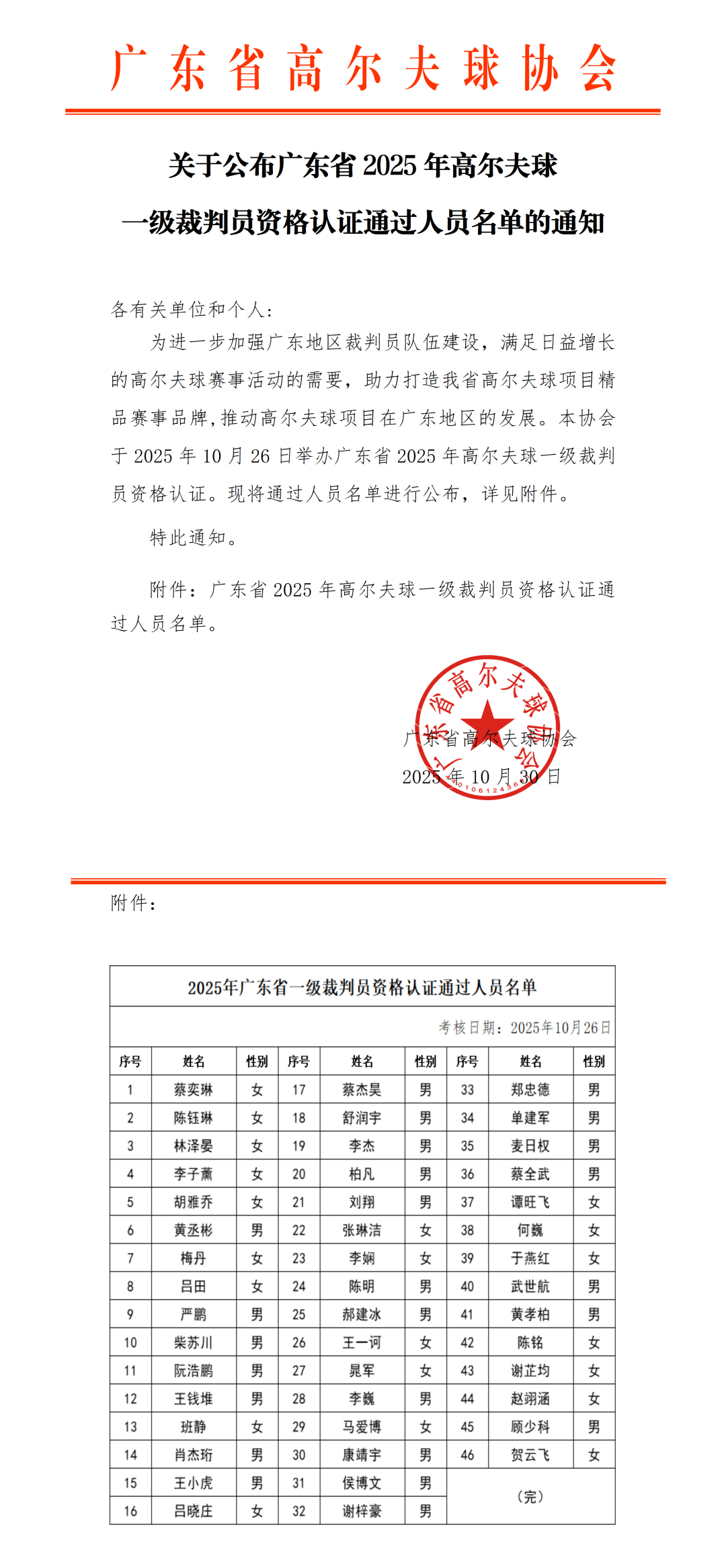 关于公布广东省2025年高尔夫